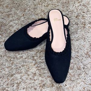 J. Crew Carolyn Mule Ruffle Flats, Black Linen, Size 6.5